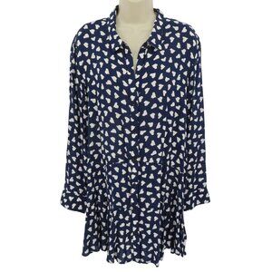 11-1-Tylho Women Large Blue White Heart Print Shirt Dress Pleated Long Sleeve
